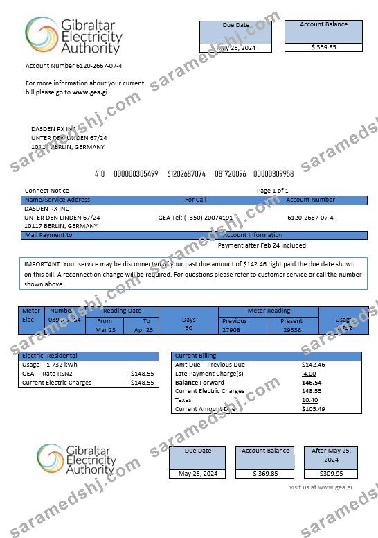 Gibraltar Electricity Authority business utility bill Word and PDF template
